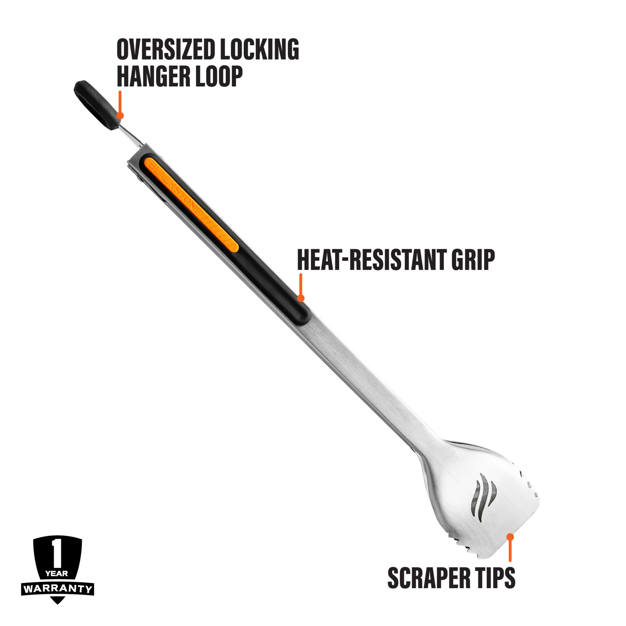 Blackstone Scraper Tongs — 14in., Stainless Steel, Serrated Edges, Heat-Resistant Grips, Model# 5228